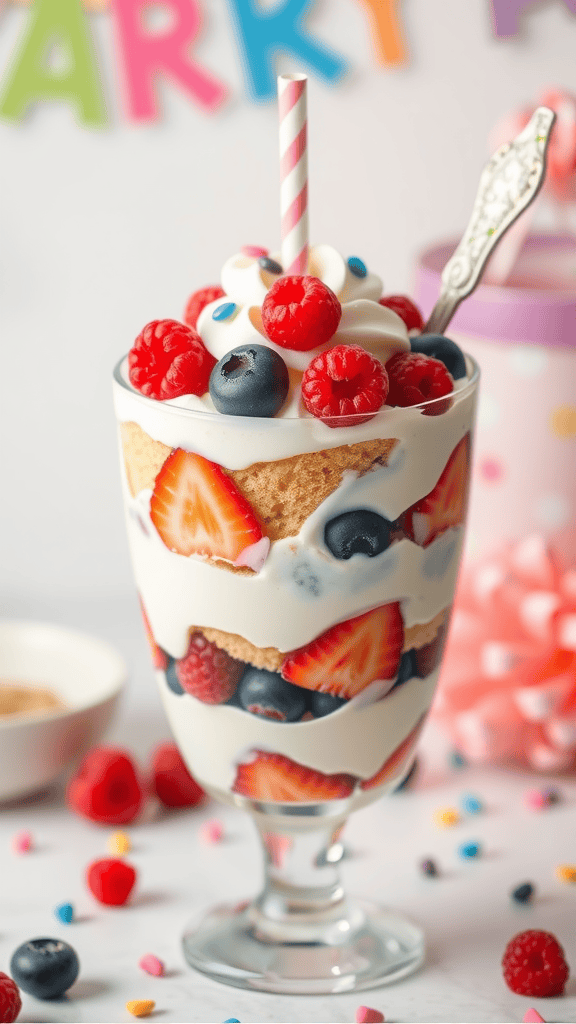 Berry Bliss Birthday Cake Parfait: Vanilla cake, mixed berries, and creamy yogurt.