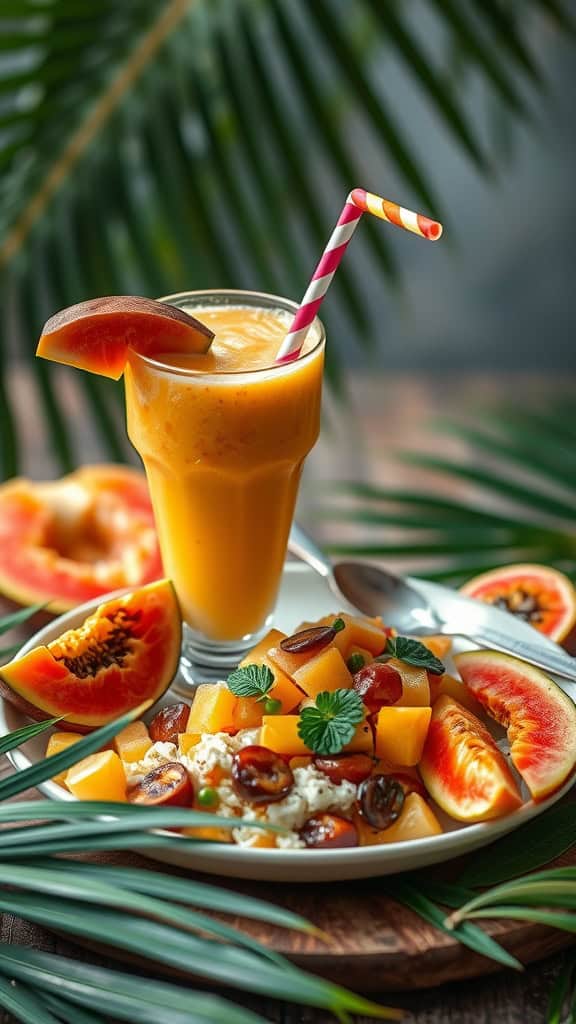 A refreshing Island Dream smoothie made with papaya, mango, passion fruit, and coconut water.