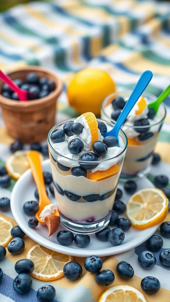 Kid-friendly lemon blueberry parfait with layers of pudding, blueberries, and marshmallow fluff.
