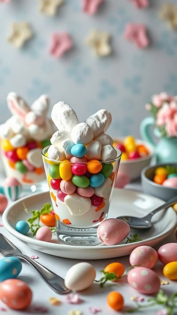 Colorful Kids’ Easter Parfaits with Marshmallows and Jelly Beans