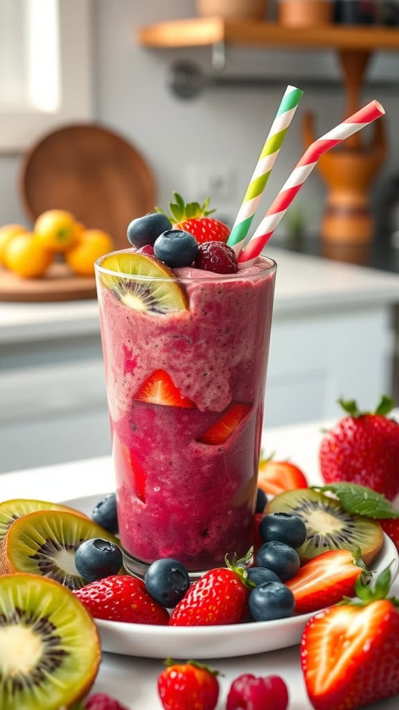 A refreshing kiwi berry smoothie garnished with strawberries, blueberries, and kiwis.