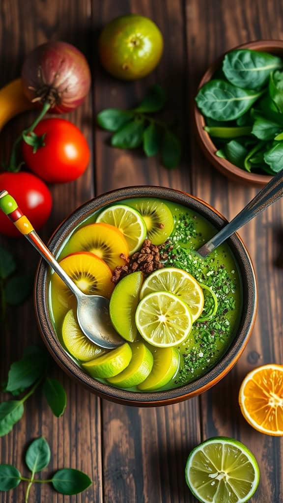 Refreshing Kiwi Lime Smoothie Bowl with spinach and toppings.