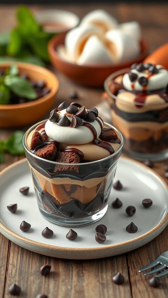 Layered Chocolate Peanut Butter Parfait Cups with brownie pieces, chocolate chips, and peanut butter frosting