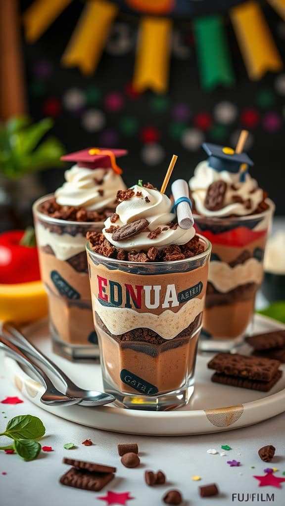 Layered dessert cups with chocolate pudding, crushed cookies, and whipped cream, decorated for graduation.