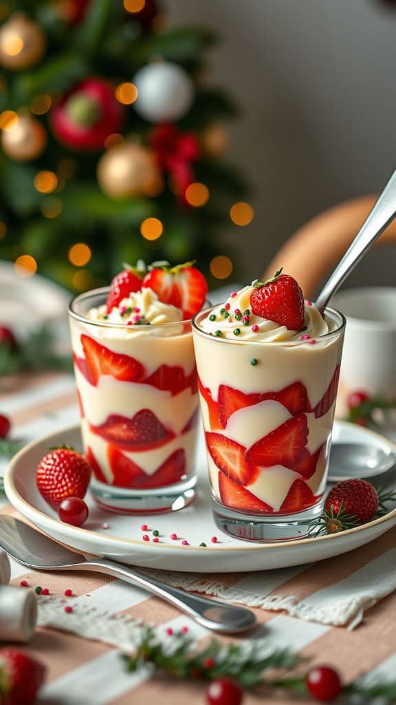 Colorful layered parfaits with strawberry jelly, vanilla pudding, and sprinkles in clear cups.