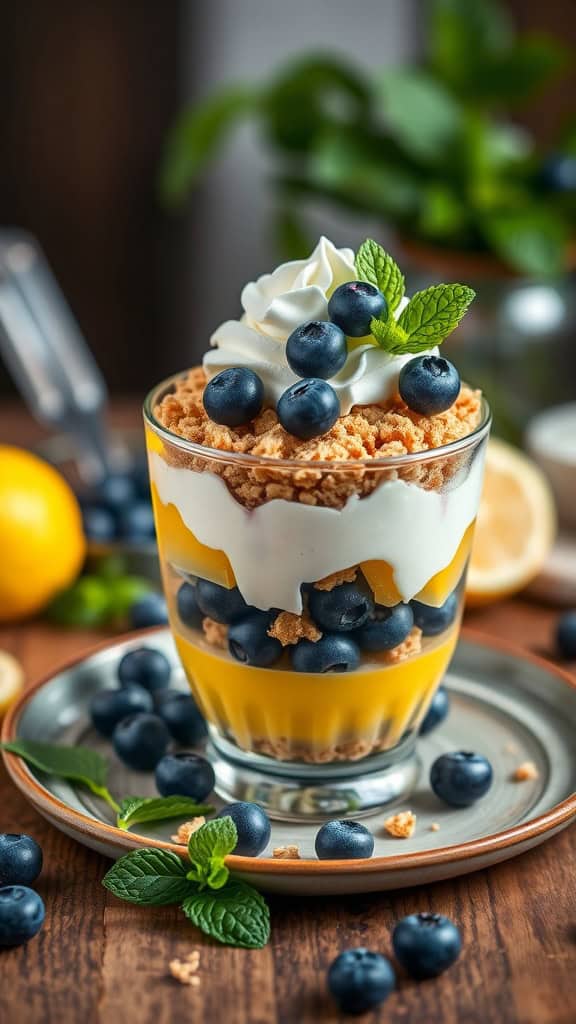 A beautiful layered lemon blueberry parfait with graham cracker crust and cream cheese filling.