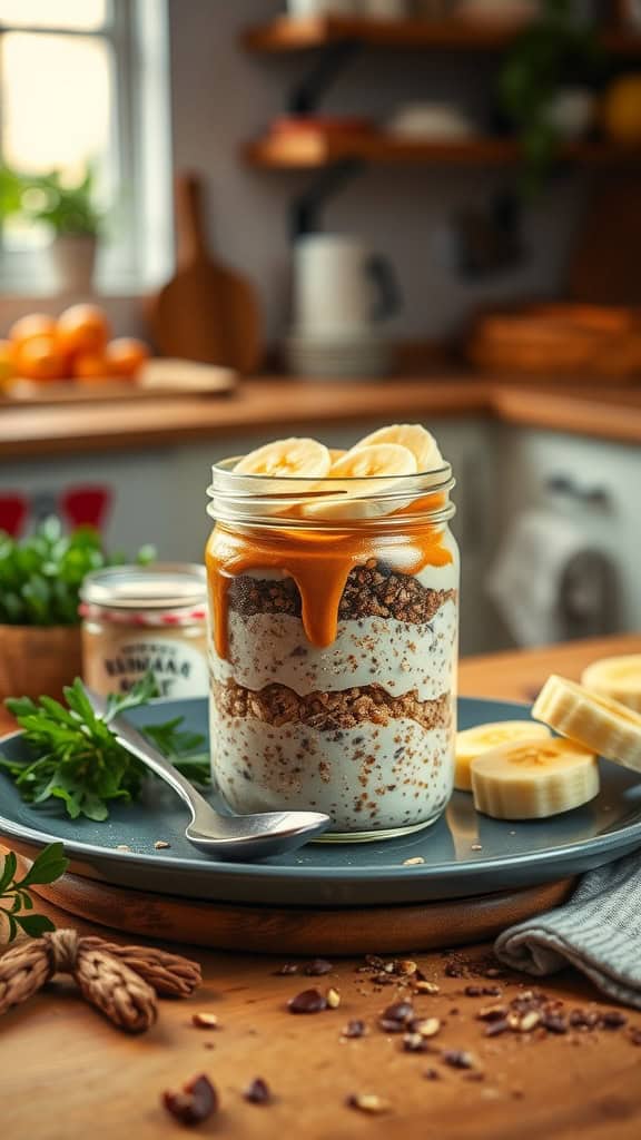 A layered overnight oats parfait with banana slices, peanut butter, and oats.