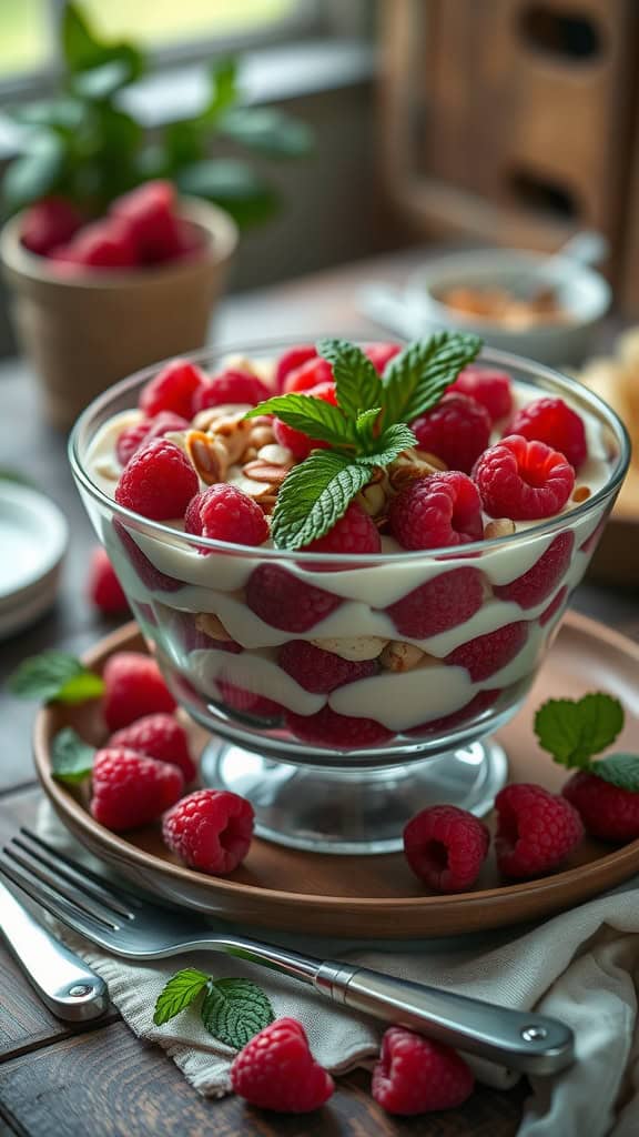 Layered Raspberry Almond Crunch Parfait Trifle in a large dish with raspberries and almonds