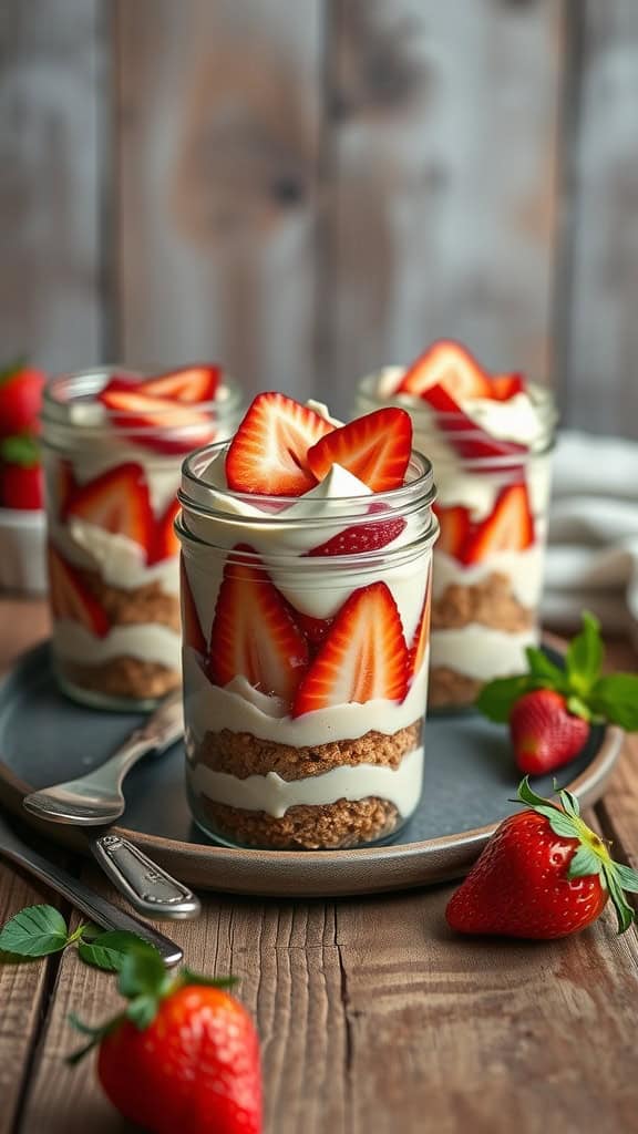 Layered strawberry cheesecake parfaits served in mason jars with fresh strawberries and graham cracker crumbs