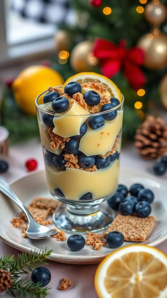 A delicious lemon blueberry parfait with layers of lemon curd, blueberries, and graham cracker crumbs.