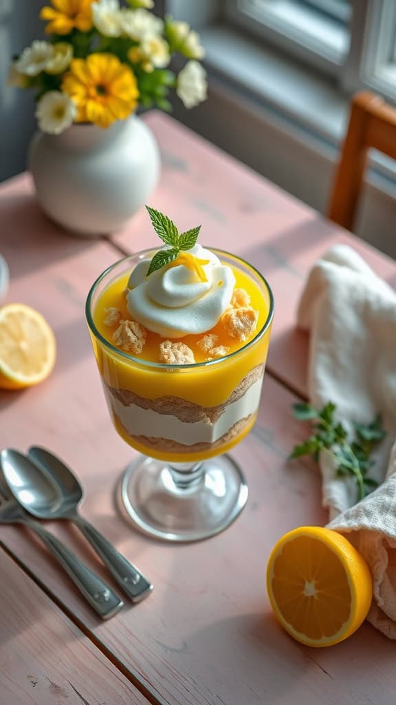 Lemon Dream Parfait with layers of lemon curd, whipped cream, and shortbread crumbs