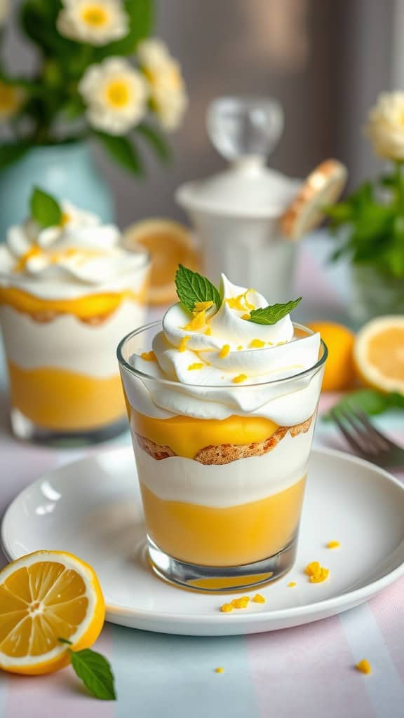 Lemon Meringue Baby Shower Parfaits with layers of lemon curd, whipped cream, and shortbread cookies