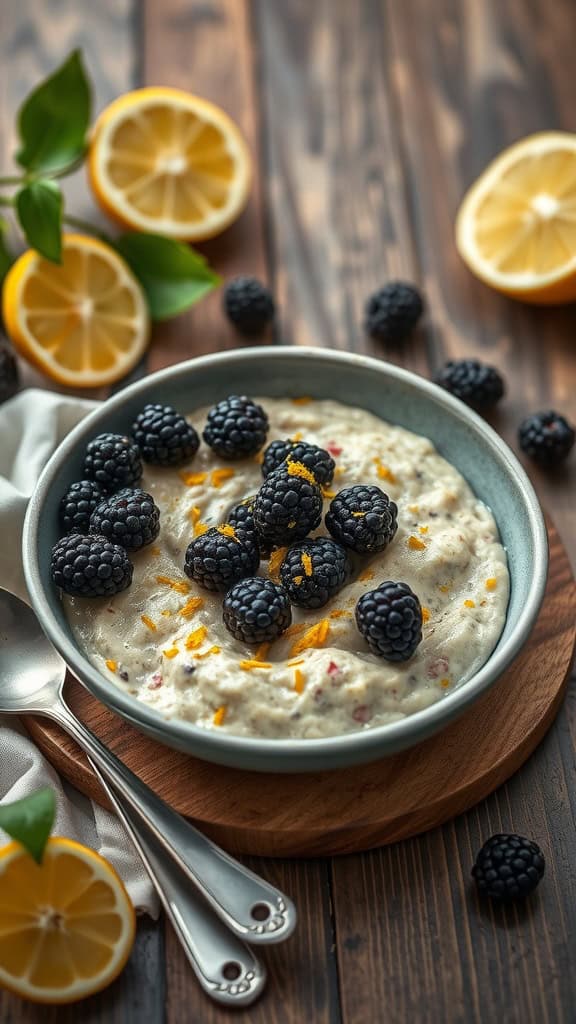 A bowl of lemon overnight oats topped with blackberries and lemon zest.