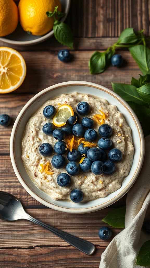 A bowl of lemon poppy overnight oats topped with blueberries and lemon zest.