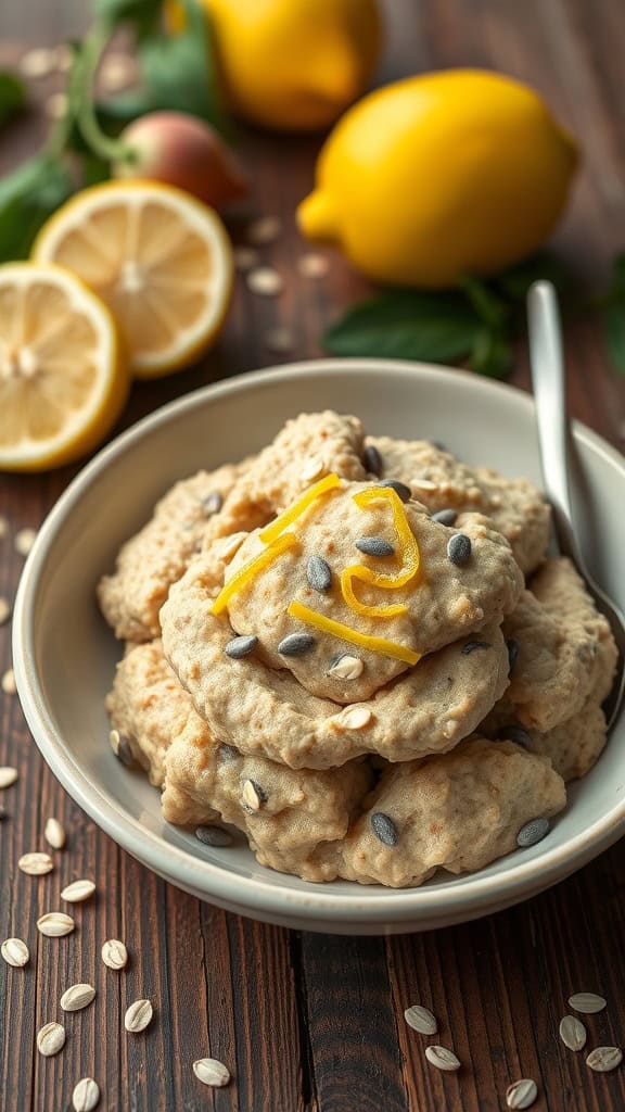 Bowl of lemon poppy seed overnight oats cookie dough with lemon slices and poppy seeds scattered around.
