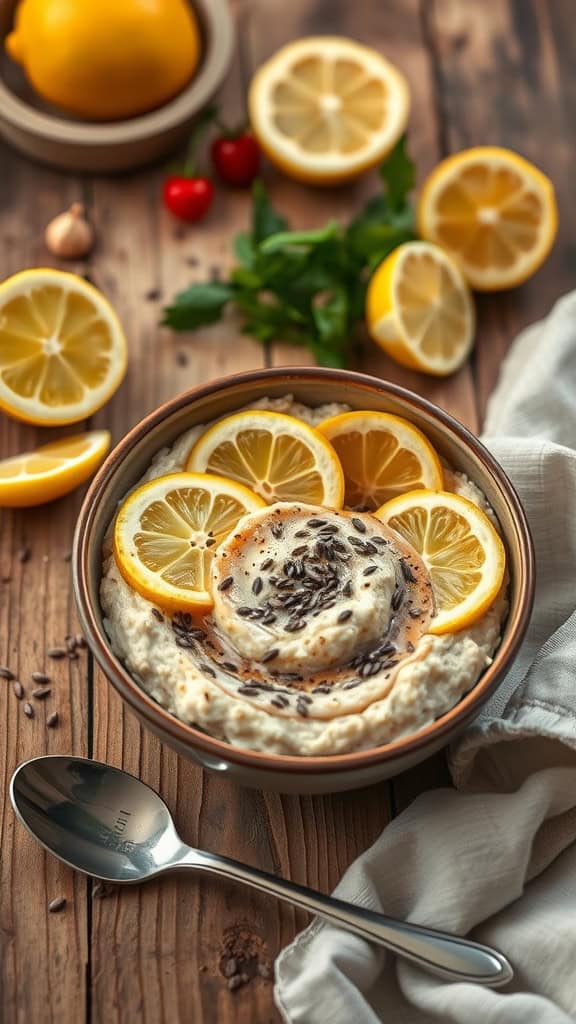 Bowl of Lemon Poppy Seed Overnight Oats with Chia Seeds topped with lemon slices