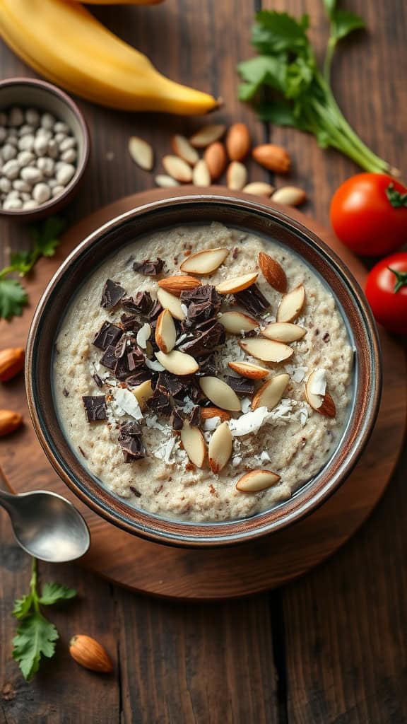 A bowl of almond joy overnight oats topped with dark chocolate and almonds.