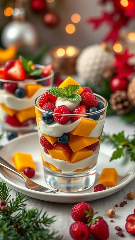 Mango Berry Holiday Parfaits with layers of mango, mixed berries, and vanilla yogurt garnished with mint