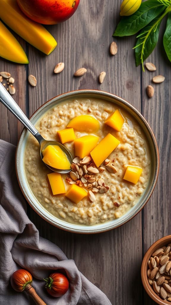 Mango Madness Overnight Oats with almond butter served in a bowl