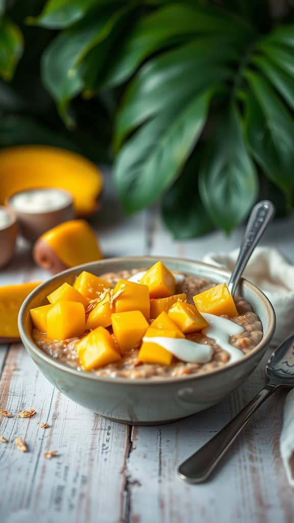 Mango Tango Overnight Oats with coconut milk, featuring mango chunks and lime zest.