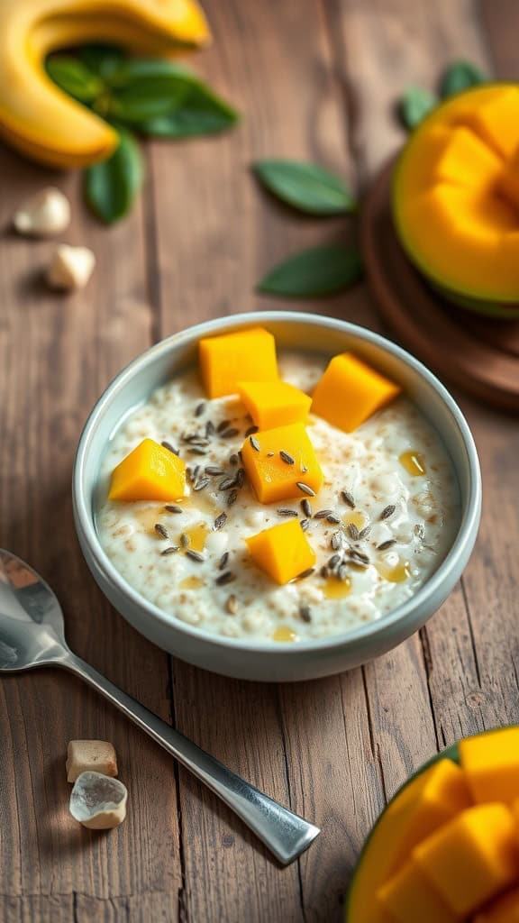 Mango Vanilla Overnight Oats with Chia Seeds in a bowl