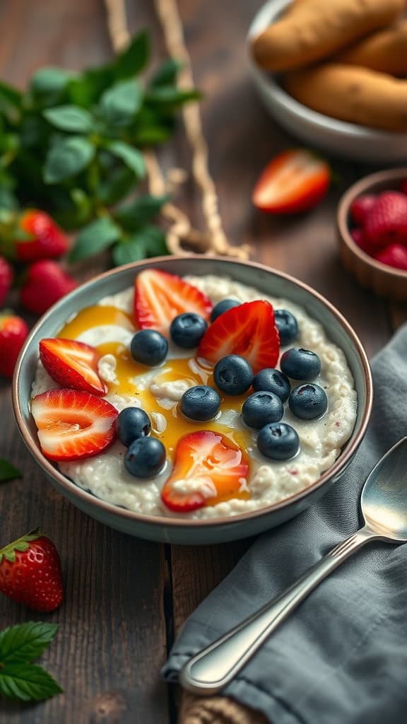 A bowl of maple overnight oats topped with fresh strawberries and blueberries.