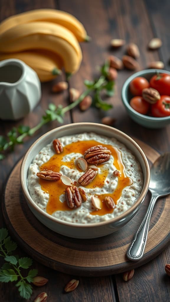 A bowl of maple pecan overnight oats topped with almond butter and pecans.