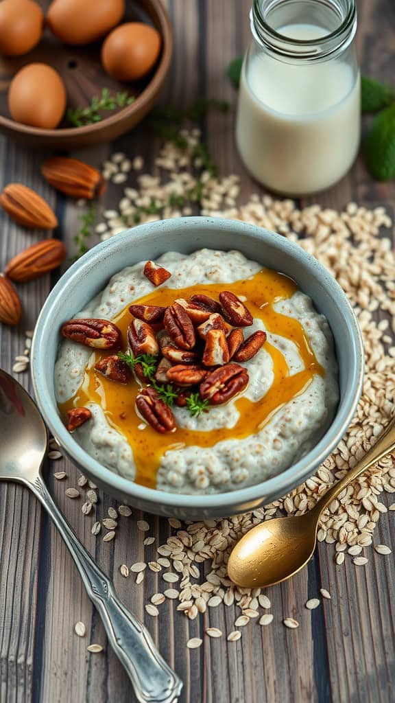 A bowl of maple pecan overnight oats topped with pecans and maple syrup