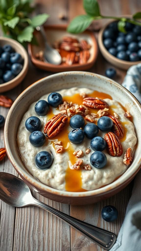 A delicious bowl of maple pecan overnight oats topped with blueberries and pecans.