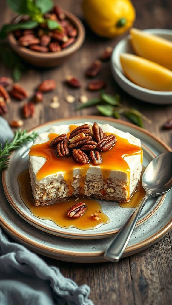 A delicious serving of Maple Pecan Overnight Oats Cheesecake topped with pecans and maple syrup.