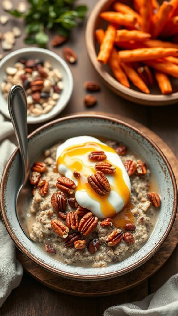 Maple Pecan Overnight Oats with Yogurt in a bowl topped with pecans and maple syrup.