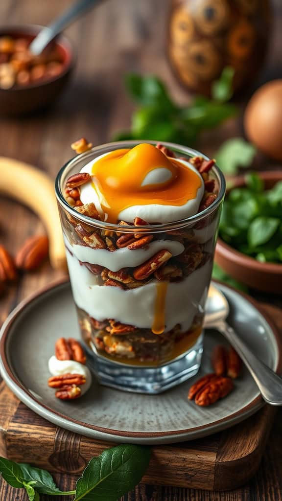 A delicious maple pecan parfait with yogurt, pecans, and syrup.