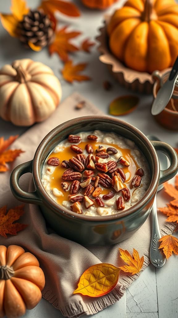 A bowl of Maple Pecan Pie Overnight Oats with pecans and maple syrup on top.