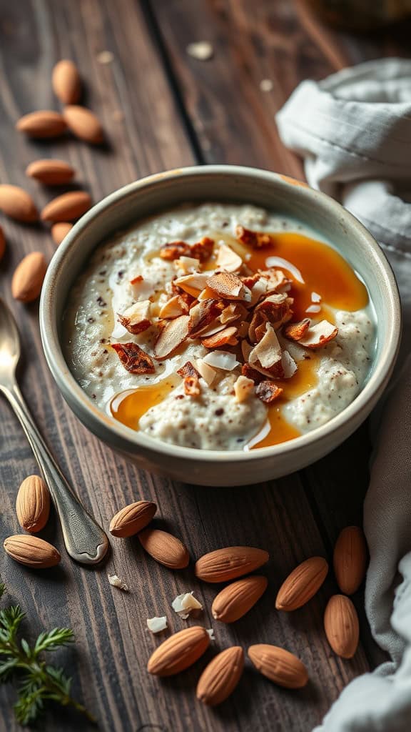 A creamy bowl of maple syrup overnight oats topped with toasted coconut and almonds.