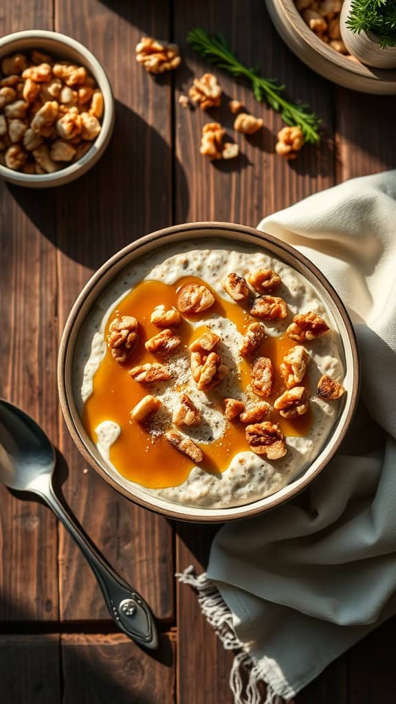 A bowl of maple walnut overnight oats topped with walnuts and syrup.