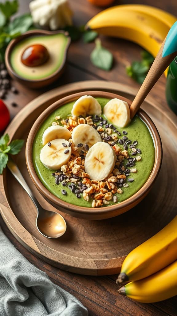 A vibrant Matcha Energy Smoothie Bowl topped with banana slices and granola.