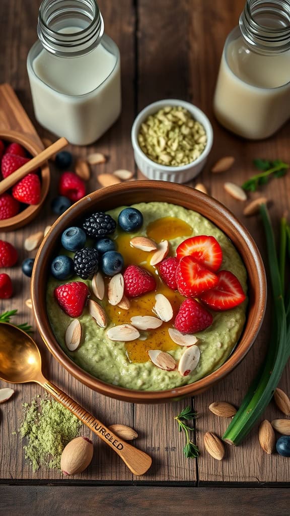 Bowl of matcha green tea overnight oats topped with fresh berries and almonds.