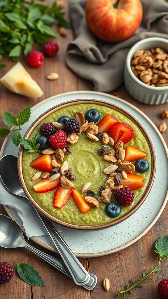 Healthy matcha overnight oats bowl topped with fresh fruits and granola.