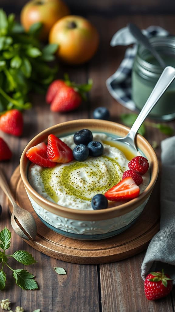 A bowl of matcha green tea overnight oats topped with fresh strawberries and blueberries.