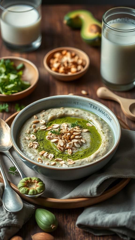 A bowl of matcha green tea overnight oats cookie dough topped with nuts and seeds.