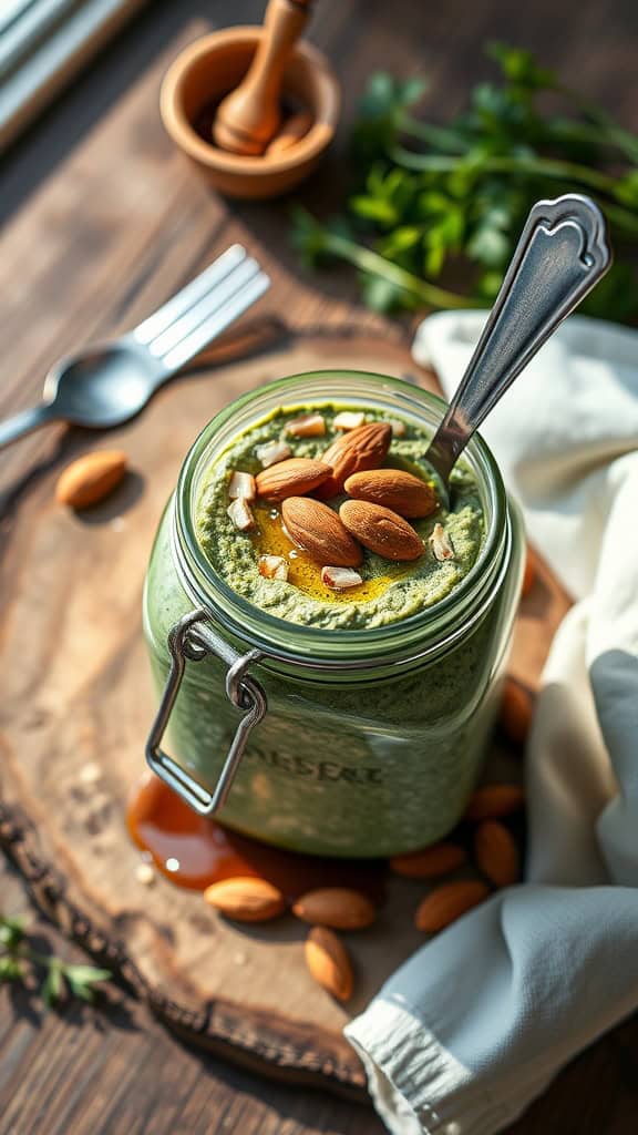 A jar of vibrant green matcha overnight oats topped with almonds and honey.