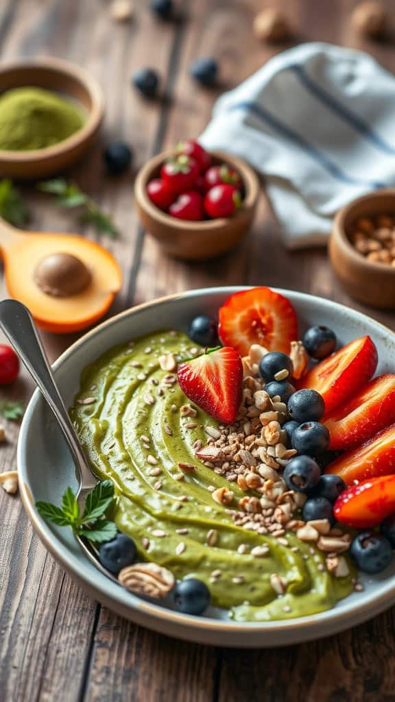 A bowl of Matcha Green Tea Overnight Oats topped with fresh fruits and nuts.