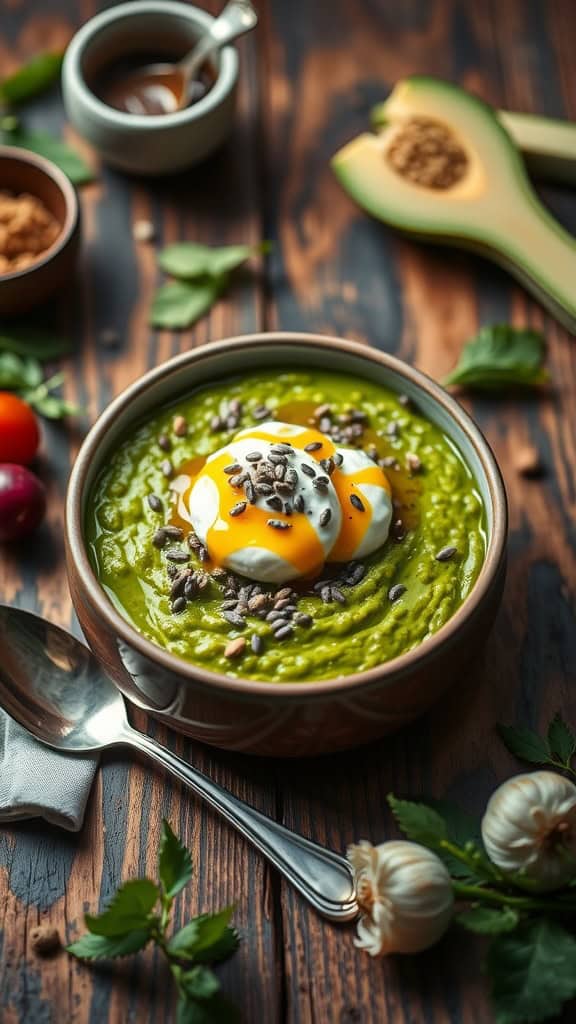 A bowl of matcha green tea overnight oats topped with yogurt, honey, and seeds.