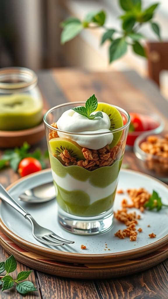 Matcha Green Tea Parfait with kiwi slices and honey granola