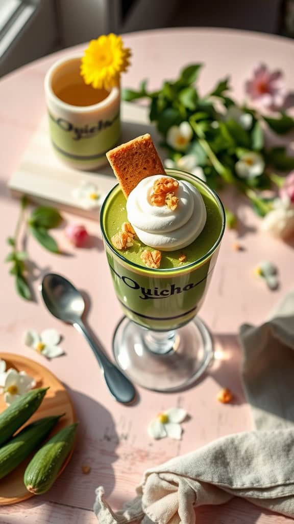 Matcha Magic Bridal Shower Parfait with whipped cream and biscotti