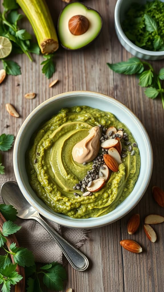 A vibrant bowl of matcha overnight oats topped with almond butter and nuts.