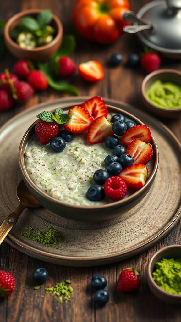 A bowl of matcha overnight oats topped with fresh berries and chia seeds