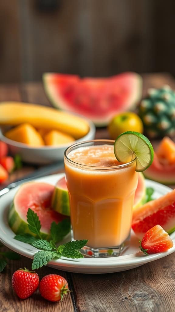 A refreshing melon smoothie with chunks of cantaloupe, watermelon, and honeydew.