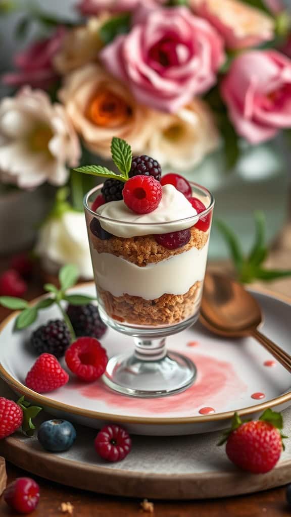 Mini Cheesecake Wedding Bliss Parfait with cream cheese mousse, graham cracker crumbs, and berry compote.