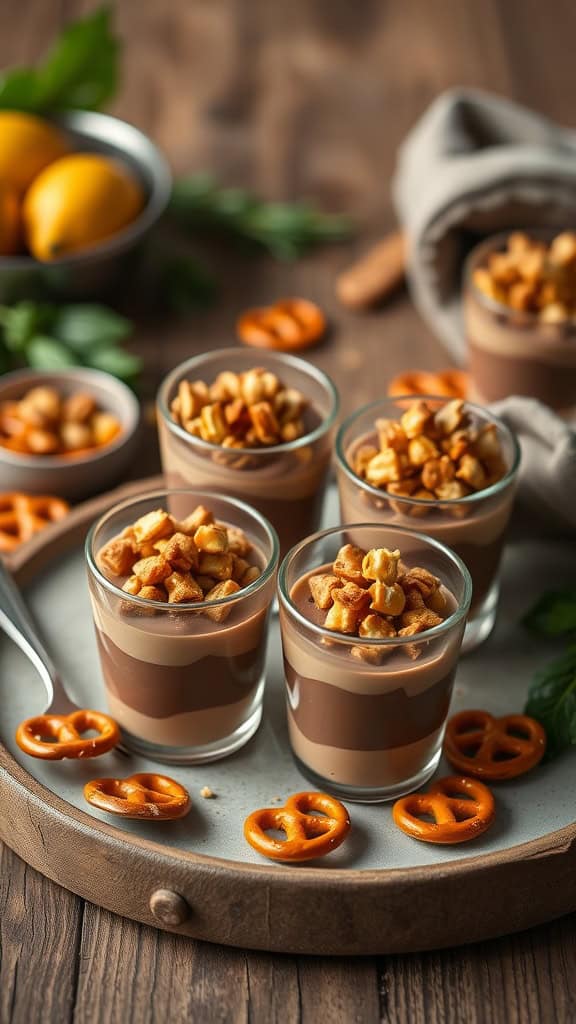 Mini chocolate peanut butter parfait shooters topped with crushed pretzels.